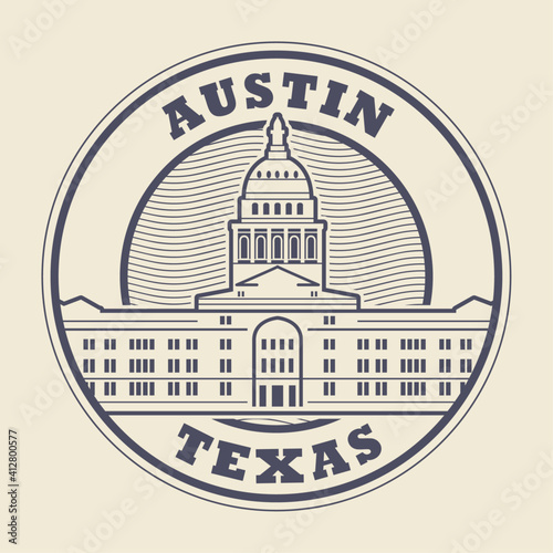 Stamp or label with words Austin, Texas inside