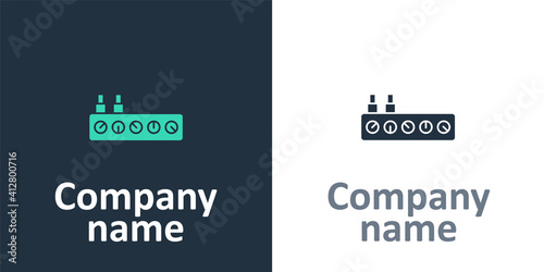 Logotype Sound mixer controller icon isolated on white background. Dj equipment slider buttons. Mixing console. Logo design template element. Vector.