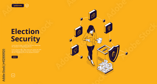 Election security banner. Protection system on polling place for safety democracy voting, secure from cyber hack and fraud. Vector landing page with isometric woman voter and ballot box