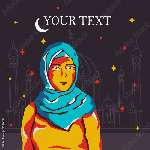 Wallpaper Mural Oriental girl standing in a hijab on the background of a mosque. An illustration for Ramadan, Arab countries, and everything related to Eastern culture. Torontodigital.ca
