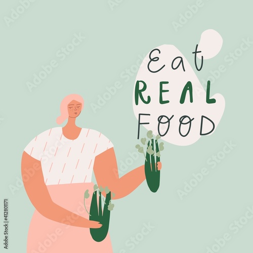 Eat real food hand drawn vector illustration. Eco product, natural organic and vegetarian food, mindful eating concept. Woman with celery