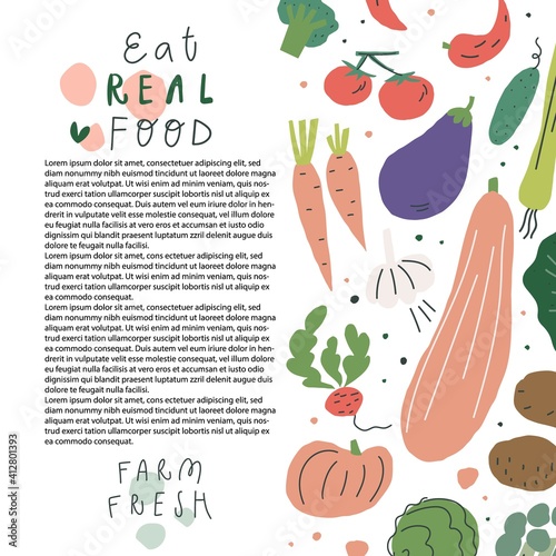 Eat real food farm fresh hand drawn vector illustration. Eco product, natural organic and vegetarian food, mindful eating concept. Set of vegetables. Page brochure design