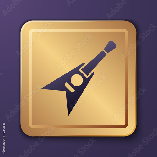 Purple Electric bass guitar icon isolated on purple background. Gold square button. Vector.