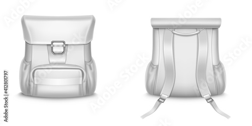 White backpack, school or travel rucksack in front and back view. Vector realistic mockup of blank leather or cloth backbag, women fashion accessory isolated on white background