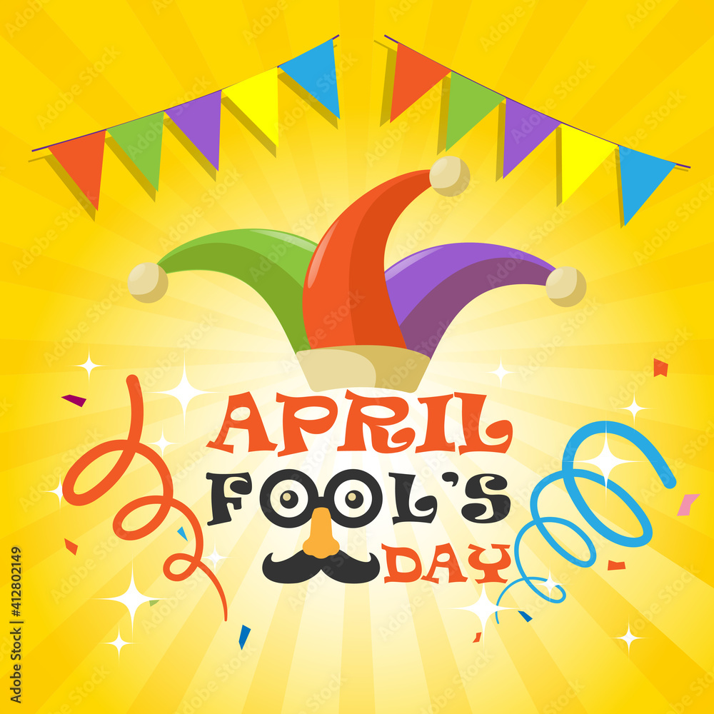 April Fools Day with funny glasses, nose mustache and clown hat.