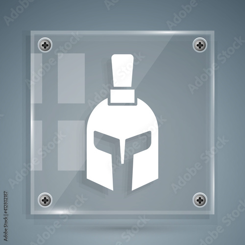 White Greek helmet icon isolated on grey background. Antiques helmet for head protection soldiers with a crest of feathers or horsehair. Square glass panels. Vector.