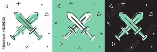 Set Crossed medieval sword icon isolated on white and green, black background. Medieval weapon. Vector.
