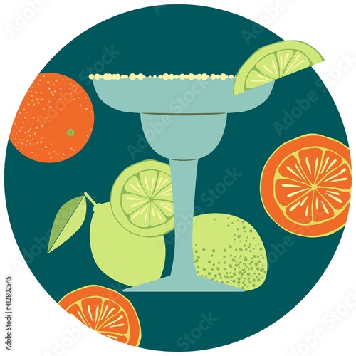 Glass of Margarita cocktail with a slice of lime and oranges round vector illustration