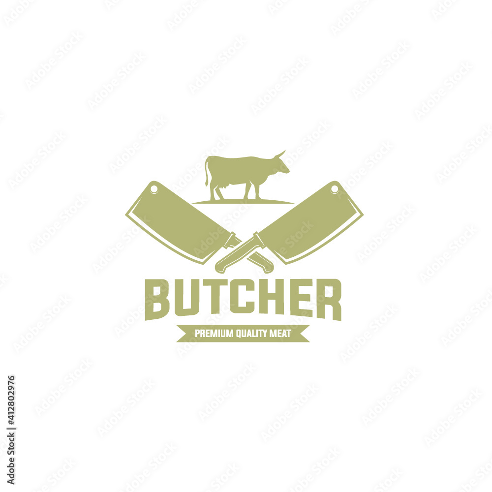 Butcher shop logo template. Cow and meat cleaver knife vector design 