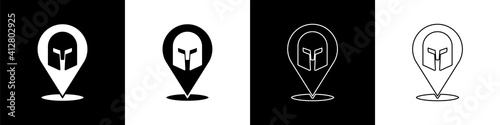 Set Greek helmet icon isolated on black and white background. Antiques helmet for head protection soldiers with a crest of feathers or horsehair. Vector.