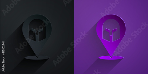 Paper cut Greek helmet icon isolated on black on purple background. Antiques helmet for head protection soldiers with a crest of feathers or horsehair. Paper art style. Vector.