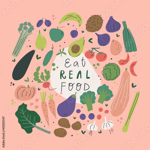 Eco product, natural and organic food, mindful eating concept. Eat real food fruits and vegetables. Vector illustration