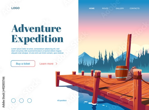 Adventure expedition cartoon landing page with wooden pier on lake, pond or river nature landscape. Online ticket buying or booking service for tourists, travel agency advertising vector web banner