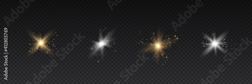 Set of bright Star. Yellow glowing light explodes on a transparent background. Transparent shining sun, bright flash