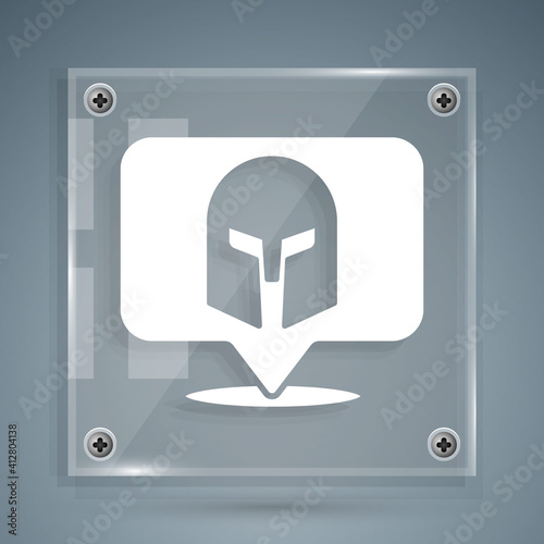 White Greek helmet icon isolated on grey background. Antiques helmet for head protection soldiers with a crest of feathers or horsehair. Square glass panels. Vector.