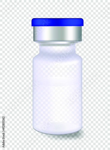 Vial, ampoule for liquid and soluble medicine, vaccine on a transparent background with liquid inside and realistic shadows. Mockup for your design. Vector illustration.