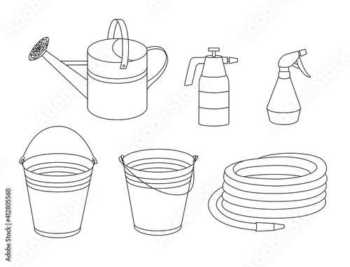 A set of items for watering plants in the garden and vegetable garden: a hose, a watering can, a spray bottle, buckets. Contour vector graphics. Suitable for thematic magazines, websit