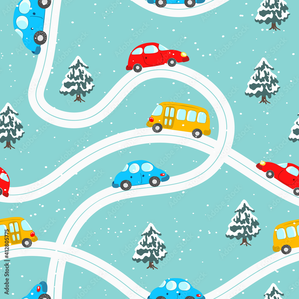 Seamless pattern with cute cars, christmas tree on blue winter background. Cartoot transport. Vector illustration. Doodle style. Design for baby print, invitation, poster, card, fabric, textile