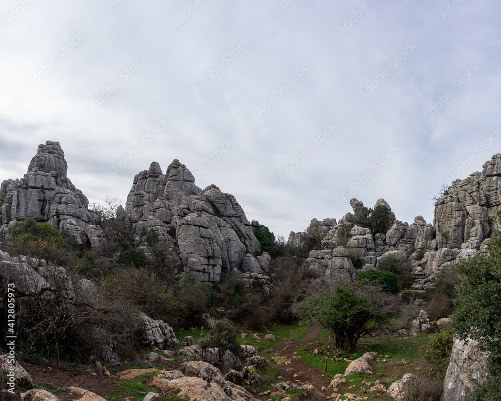 view of the El Torcal Nature Reserve in Andalusia with ist strange karst rock formations