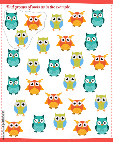  A game for children. Find all groups of owls and circle them as shown in the sample.
