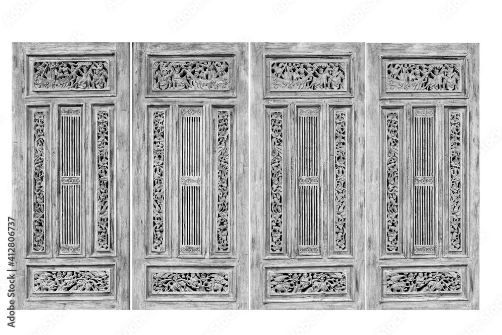 Chinese traditional white hinge carved wood door isolated on a white background