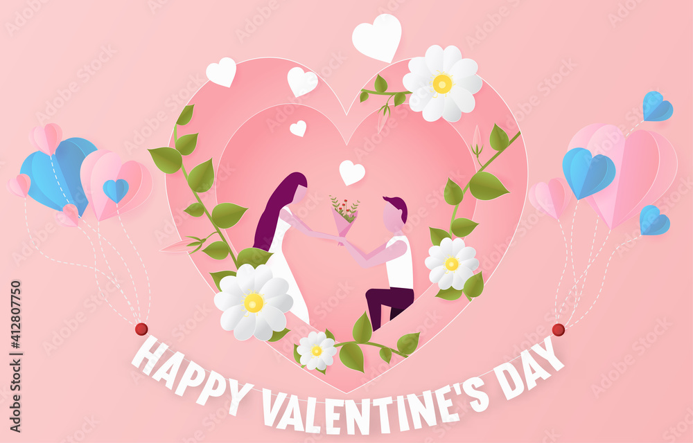 lovely young joyful couple hug on abstract pink background with balloons heart and bicycle,mini heart design for valentine's day festival .Vector illustration.paper craft style.