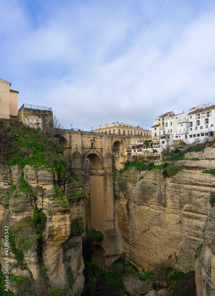 vertical view of the old town of Ronda and the Puente Nuevo over El Tajo Gorge