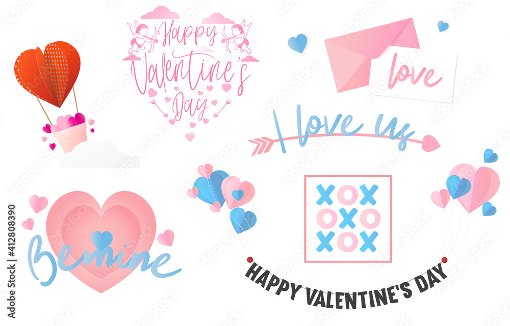Happy Valentines Day Lettering Card. Typographic Background With Ornaments, Hearts,  Arrow, XO ,Paper cut