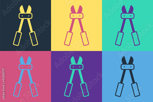 Pop art Bolt cutter icon isolated on color background. Scissors for reinforcement bars tool. Vector.