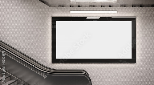 Panoramic 2:1 glowing billboard on underground wall Mockup. Hoarding advertising on train station wall 3D rendering