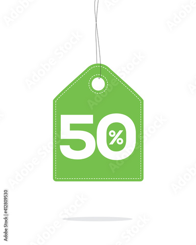 Vector green hanging price tag label designed with 50% text and stitches on it and with shadow isolated on white background. For spring summer sale campaign.