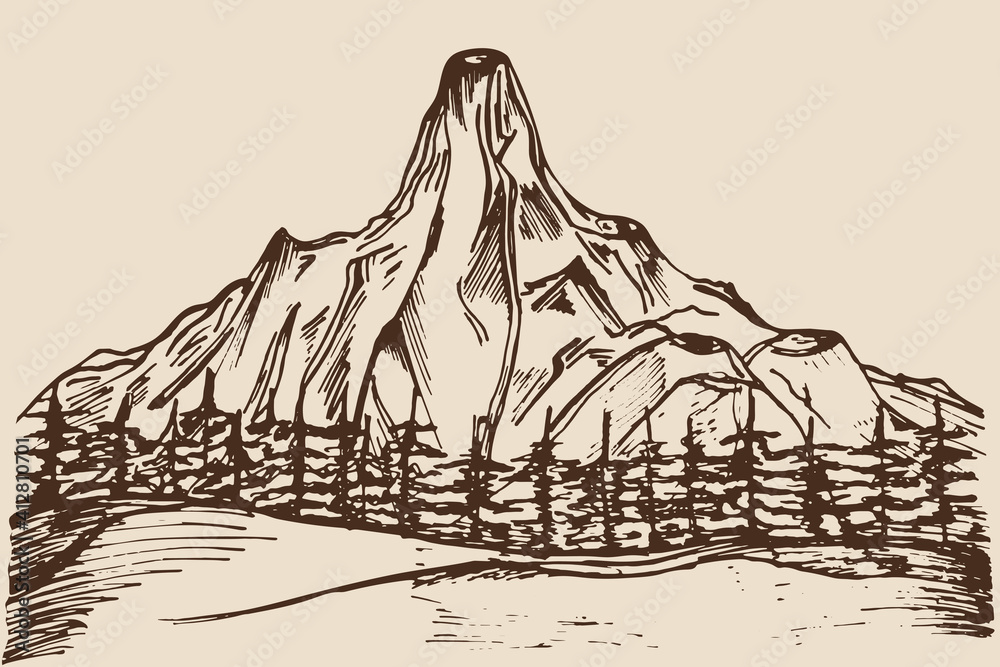 Mountain range on background of forest hand engraving. Vector illustration, mountains and forest vintage sketch. Landscape hand drawn