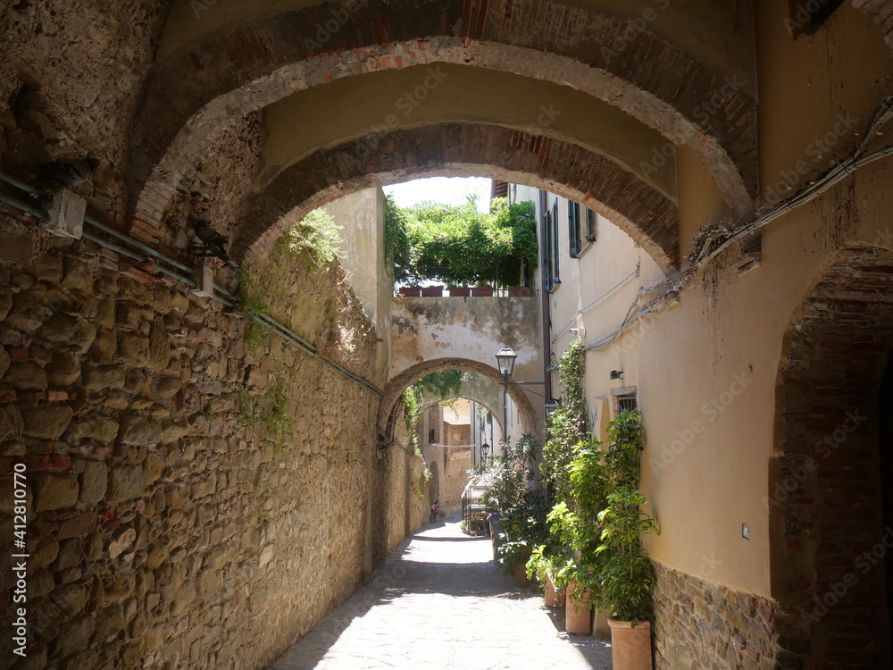 Typical medieval street of Castiglione della Pescaia, squeezed between the walkway of the walls and the houses covered with vegetation and topped with stone arches.