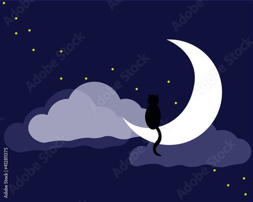 A black cat sitting on the moon is looking at the stars on a cloudy night. Concept magic, witch, loneliness, missing someone, sublime.