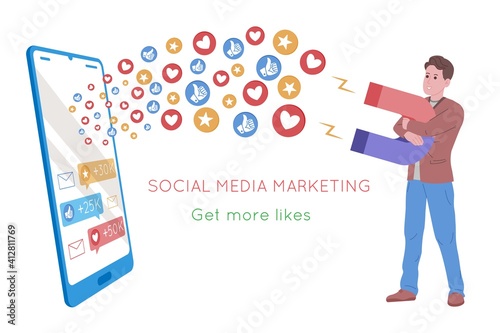Smm, social media marketing, digital promotion on the internet, social network. Smm agency banner. Man attracts hearts and likes with a magnet. Cartoon vector illustration for advertising services.