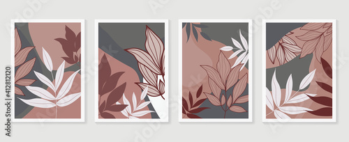 Botanical wall art vector set. Earth tone background foliage line art drawing with abstract shape and watercolor. Design for wall framed prints, canvas prints, poster, home decor, cover, wallpaper.