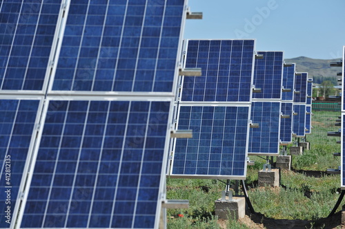 Zhambyl region, Kazakhstan - 05.15.2013 : Solar panels are displayed in a row throughout the station.