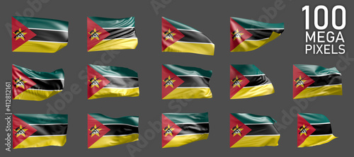 many different pictures of Mozambique flag isolated on grey background - 3D illustration of object