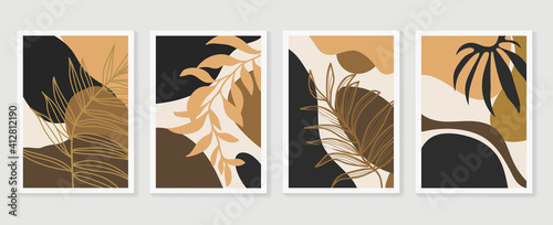 Botanical wall art vector set. Earth tone background foliage line art drawing with abstract shape and watercolor. Design for wall framed prints  canvas prints  poster  home decor  cover  wallpaper.