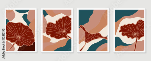 Botanical wall art vector set. Earth tone background foliage line art drawing with abstract shape and watercolor. Design for wall framed prints, canvas prints, poster, home decor, cover, wallpaper.