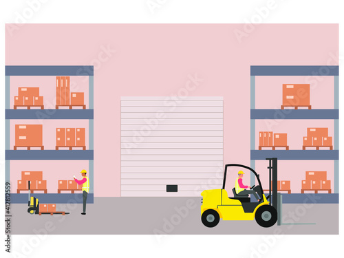 workers in logistics warehouse, preparing orders