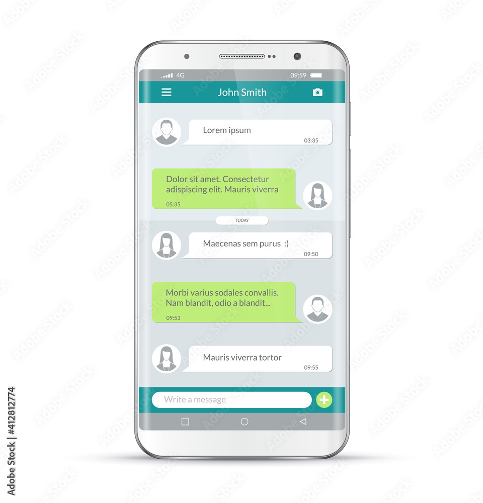 White smartphone with messenger app window. Chatting and messaging. SMS messages sending. Social network concept. Chat boxes. Realistic vector cellphone, mobile phone isolated on white background. White smartphone with messenger app window. Chatting and messaging. SMS messages sending. Social network concept. Chat boxes. Realistic vector cellphone, mobile phone isolated on white background.