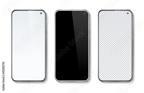 Realistic smartphone isolated on white background. Mobile phone with white, black and transparent screen. Vector illustration