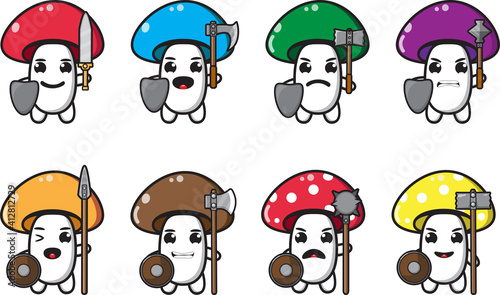 Collection of cute cartoon Mushrooms Knight. Vector set of cartoon character with many expressions. Good for icon, logo, label, sticker, clipart.