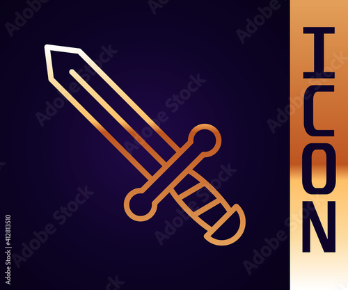 Gold line Medieval sword icon isolated on black background. Medieval weapon. Vector.