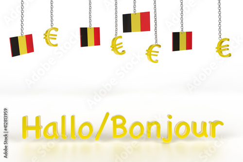 Belgium flag and money hang on a chain as a banner for belgian language school.