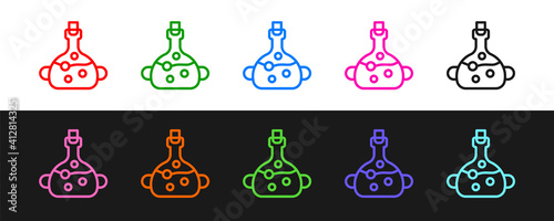 Set line Poison in bottle icon isolated on black and white background. Bottle of poison or poisonous chemical toxin. Vector.
