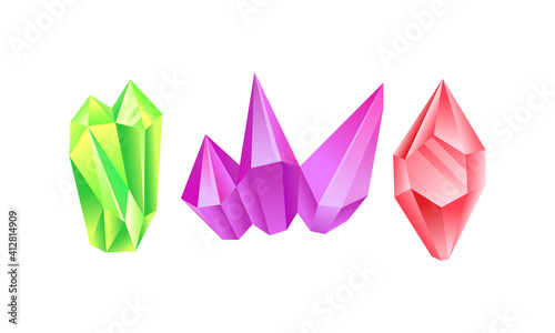 Colorful Crystal or Crystalline Solid Forming Geometrical Shape Vector Set