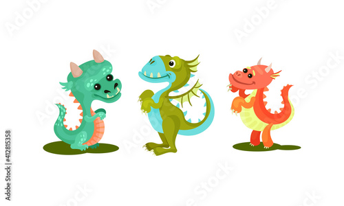 Little Baby Dragons as Fairy Winged Creatures Capable of Breathing Fire Vector Set