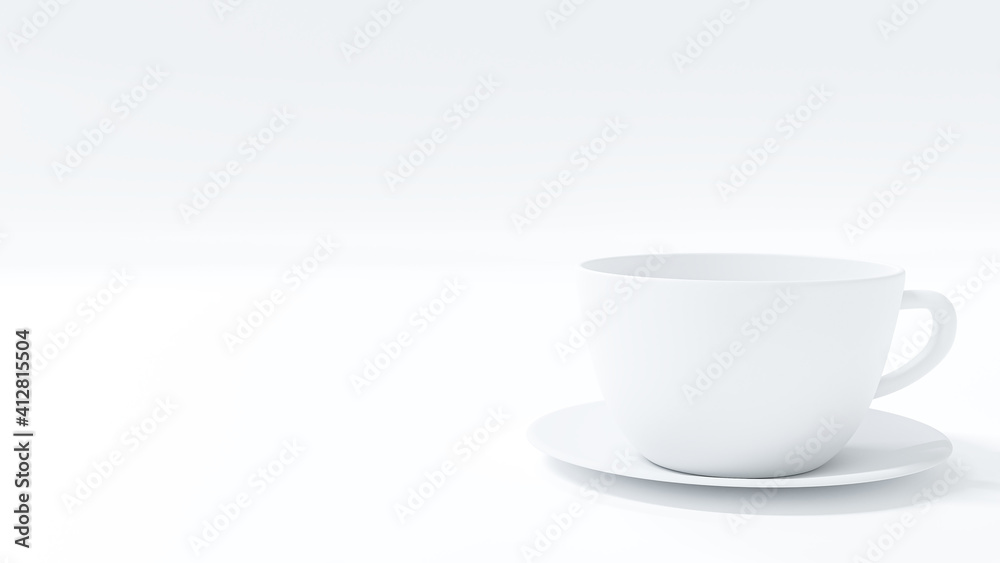 3D illustration rendering. A white coffee mug and a white dish isolated on white background. 3D illustration rendering. A white coffee mug and a white dish isolated on white background.